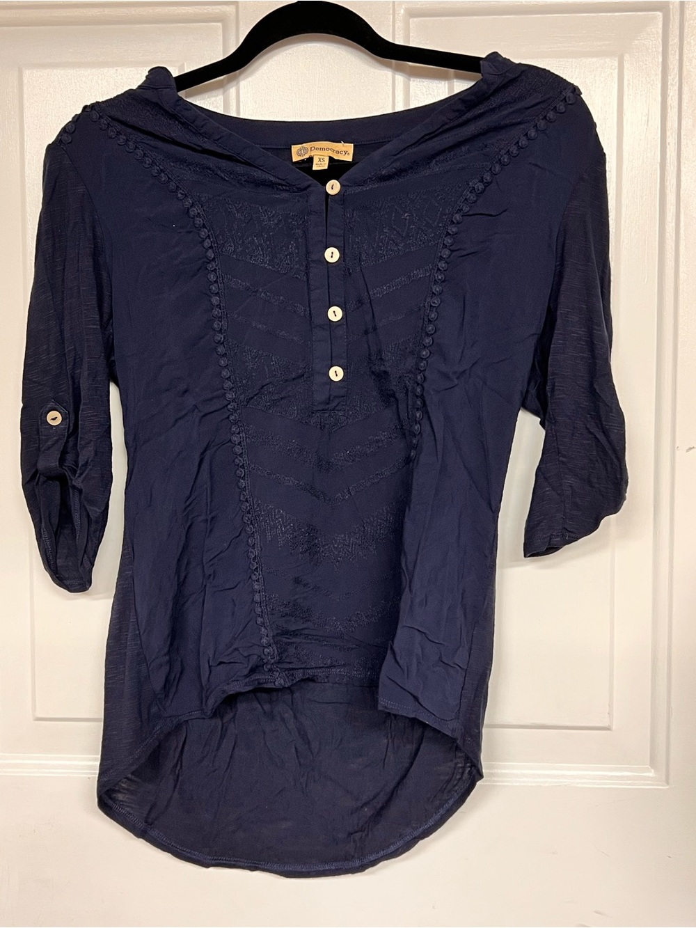Democracy Navy Button-Up Embroidered Top